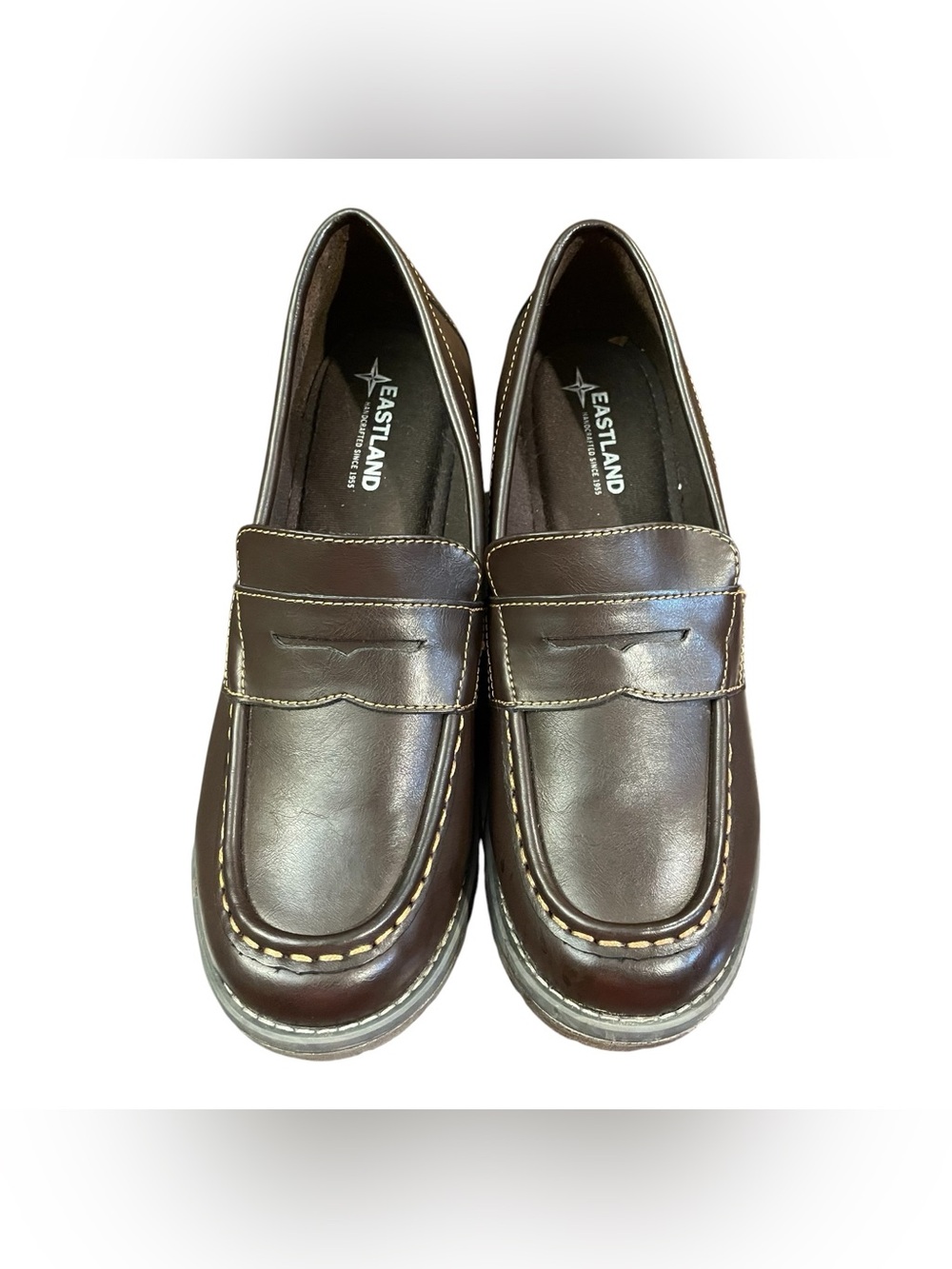 Eastland Holly Brown Chunky Penny Loafers Block Heel Lug Sole Women 9.5